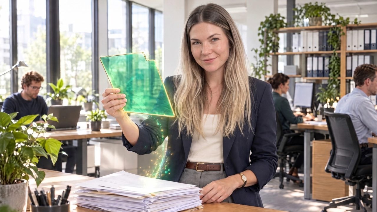 Erzeugtes Filmbild: eine Frau in einem hellen Büro mit Papierstapeln hält eine leuchtend grüne Glasakte mit goldener Kante.
